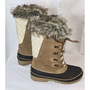 Khombu Nordic‎ 2 Winter Snow Boots Brown Leather Faux Fur Lace Up Shoes Size 6